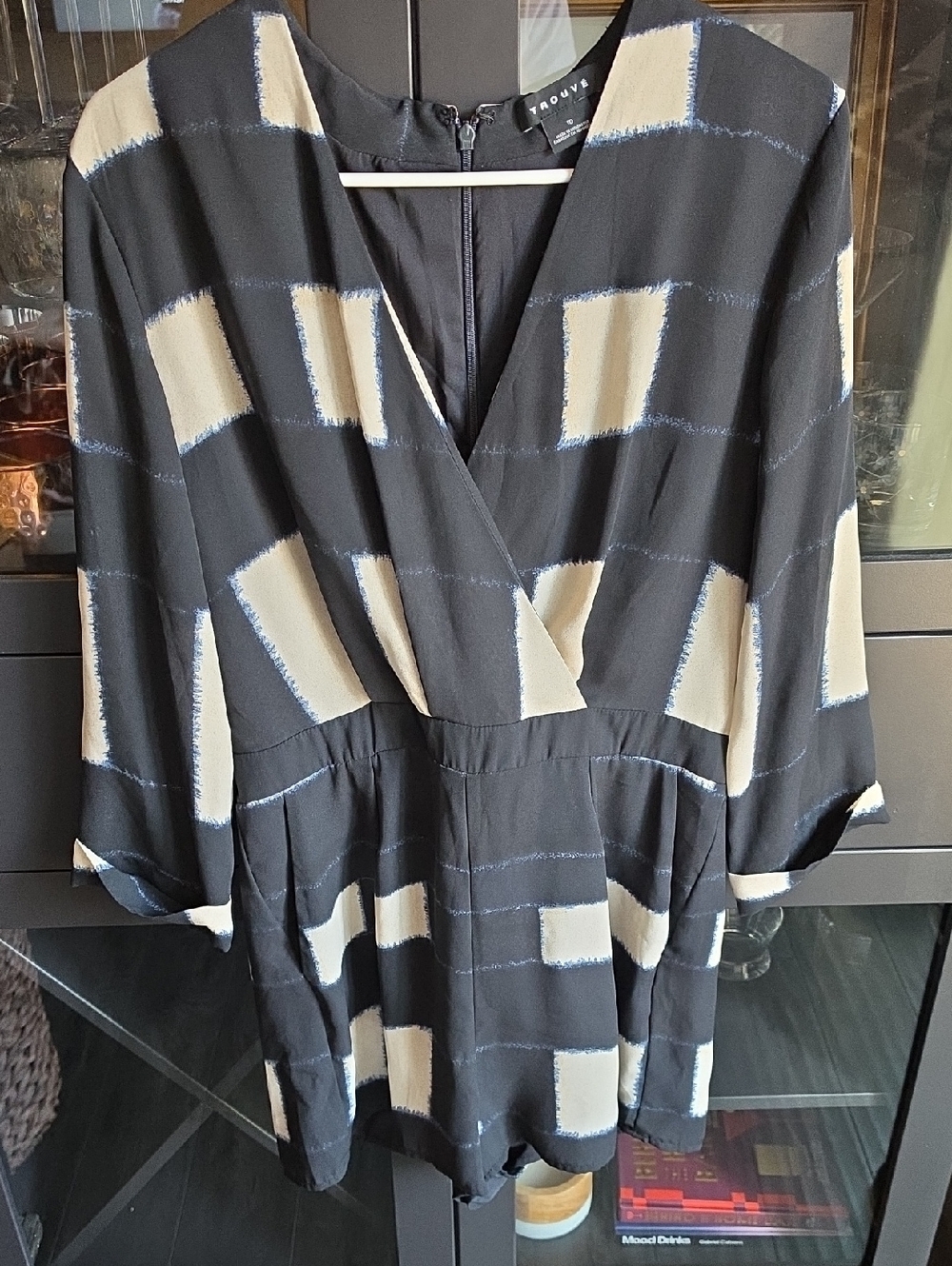 Trouvé Black and Cream Patterned Surplice Romper